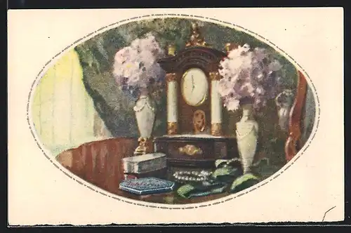 AK Kaminuhr mit Blumenvasen und Tobler Chocolat