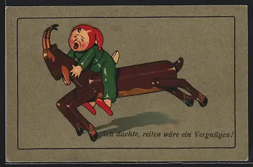 AK Weinendes Kind auf Holzbock Ich dachte reiten wäre ein Vergnügen!