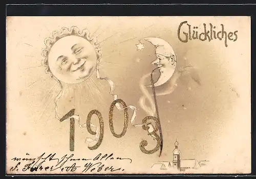 AK Glückliches 1903, Sonne und Mond als Metamorphose