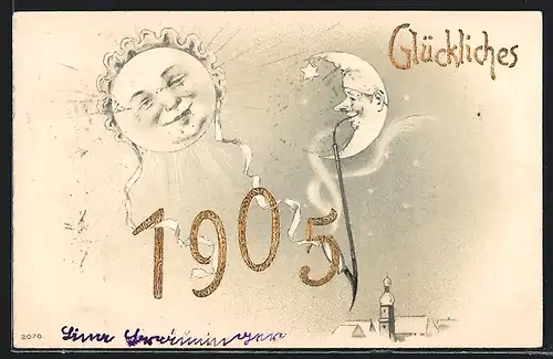 AK Glückliches 1905, Sonne und Mond als Metamorphose