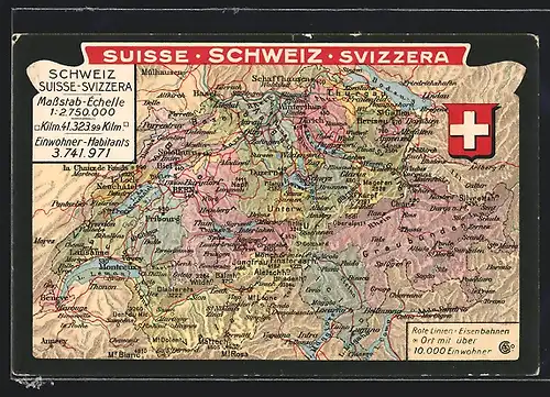 AK Landkarte der Schweiz mit Kennzeichnung der Eisenbahn