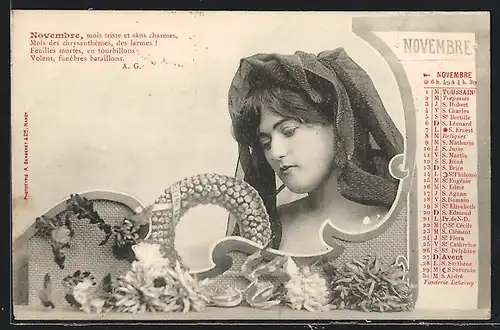 AK November-Kalender mit dem Bildnis eines hübschen Mädchens