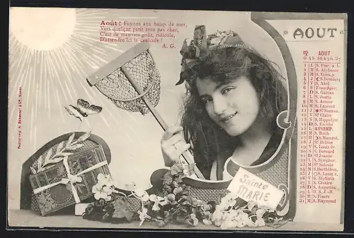 AK August-Kalender mit dem Bildnis eines hübschen Mädchens