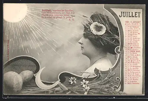 AK Allegorie Monat Juli, Juillet, Frauenkopf mit Sichel