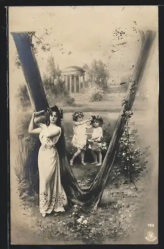 AK Buchstabe V aus Baumstämmen, Frau mit Krug und Kinder