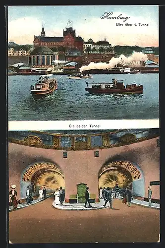 AK Hamburg-St. Pauli, Elbtunnel unter dem Fluss und Elbe über dem Tunnel