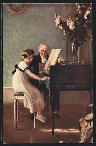 AK Musiker lehrt Mädchen auf Klavier zu spielen, Blumenstrauss