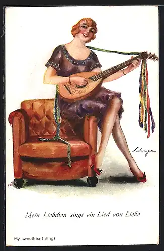 Künstler-AK sign. Lingen: Mein Liebchen singt ein Lied von Liebe