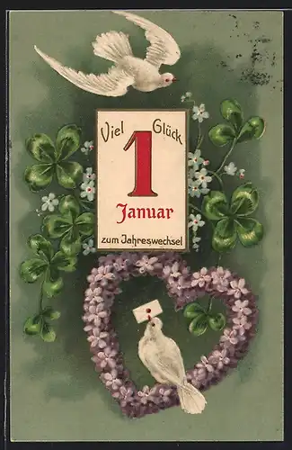 Präge-AK Blumenbild, Viel Glück zum Jahreswechsel mit einem Herz aus Veilchenblüten und Kleeblätter mit Vergissmeinnicht
