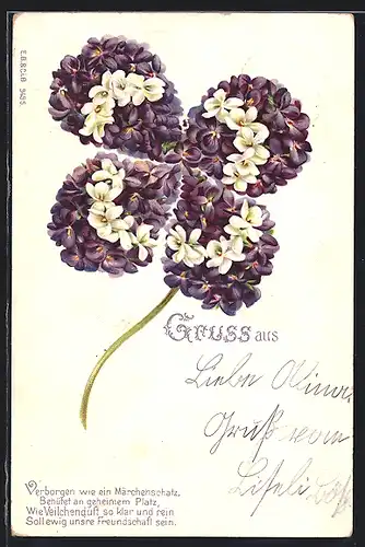 AK Kleeblatt aus Blüten von Veilchen und Flieder