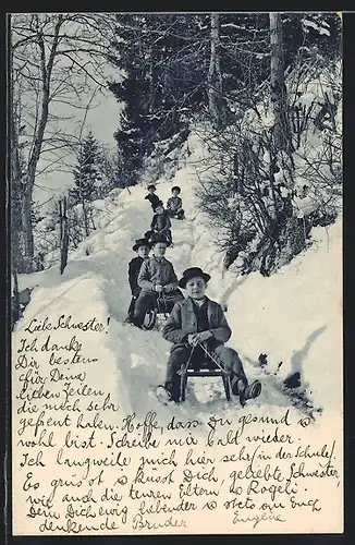 AK Plaisirs d`Hiver, Kinder fahren im Schnee mit dem Schlitten hinab