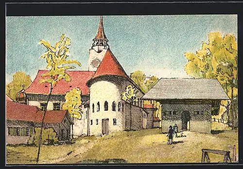 Künstler-AK Bern, Schweizer Landes-Ausstellung 1914, an der Kirche