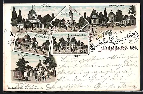 Lithographie Nürnberg, Bayer. Landesausstellung 1896, Weinhaus, Kunsthalle, Nürnberger Bierhalle
