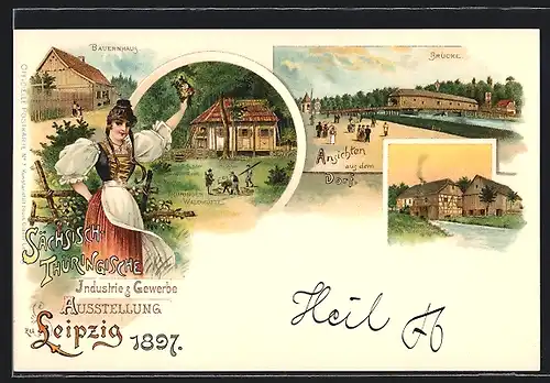 Lithographie Leipzig, Industrie & Gewerbe Ausstellung 1897, Bauernhaus