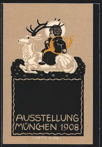 Künstler-AK München, Ausstellung 1908, Münchner Kindl sitzt auf einem Hirsch