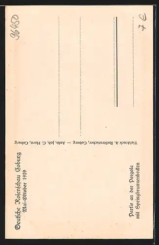 AK Coburg, Deutsche Rosenschau 1929, Partie an der Pergola mit Springbrunnenbecken