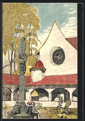 AK Bern, Schweizer Landesausstellung 1914, Blick auf eine Kirche m. Säule