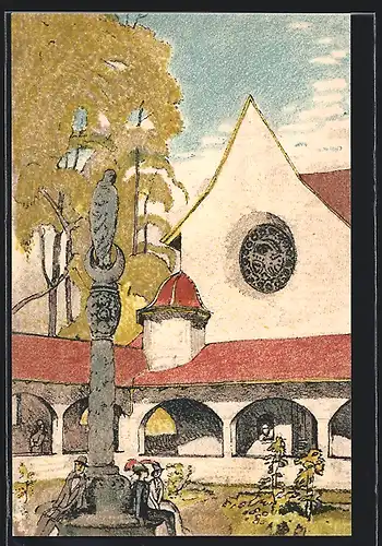 AK Bern, Schweizer Landesausstellung 1914, Blick auf eine Kirche m. Säule