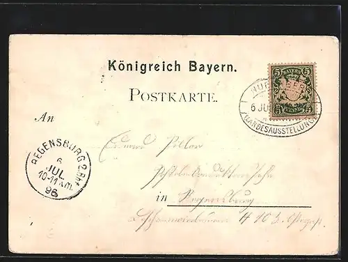 Lithographie Nürnberg, Bayer. Landes.Ausstellung 1896, Kunsthalle, Westcolonnade und Münchener Bierhalle