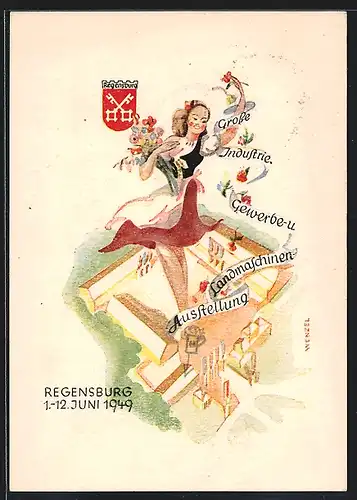 Künstler-AK Regensburg, Grosse Industrie-Gewerbe- und Landmaschinen-Ausstellung 1949, Frau über Ausstellungsgelände