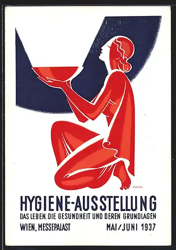 AK Wien, Hygiene Ausstellung im Messepalast 1937, kniende Frau mit Wasserschale