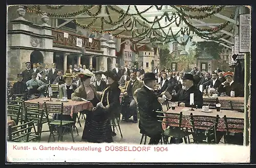 AK Düsseldorf, Kunst- und Gartenbau-Ausstellung 1904, Besucher in der Gaststätte