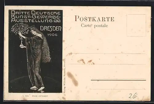 AK Dresden, Dritte Deutsche Kunst-Gewerbe-Ausstellung 1906, Junge Dame mit Krone und wallendem Haar