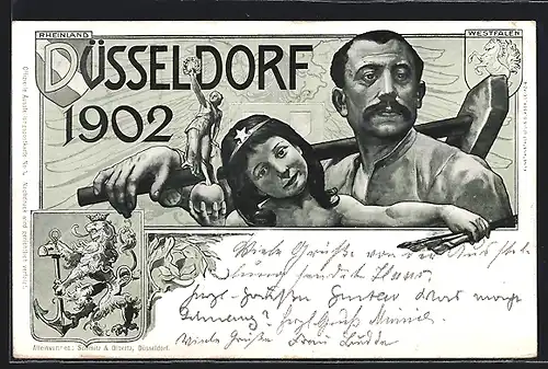 Lithographie Düsseldorf, Ausstellung 1902, Arbeiter mit Mädchen