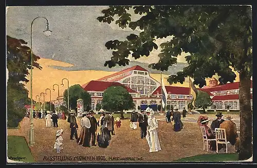 Künstler-AK München, Ausstellung München 1908, Platz und Halle I. und II.