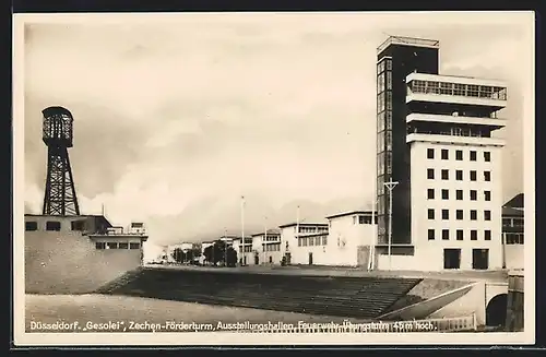 AK Düsseldorf, Gesolei 1926, Zechen-Förderturm, Feuerwehr-Übungsturm, Ausstellungshallen
