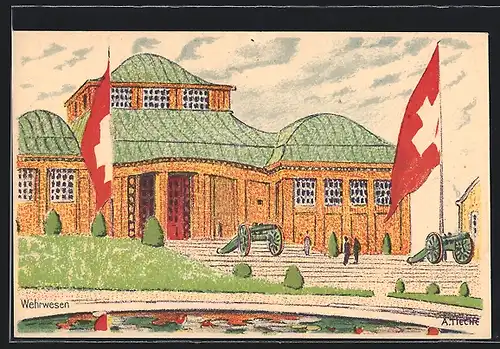 Künstler-AK Bern, Schweizerische Landes-Ausstellung 1914, Halle für Wehrwesen