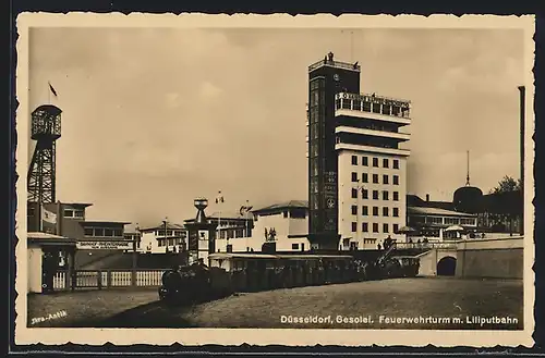AK Düsseldorf, Gesolei Ausstellung, Liliputbahn, Feuerwehrturm