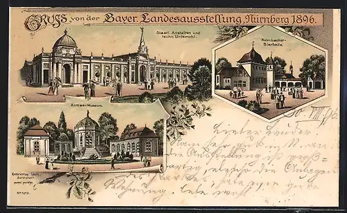 Lithographie Nürnberg, Bayer. Landesausstellung 1896, Armee-Museum, Kulmbacher Bierhalle, Staatl. Anstalten