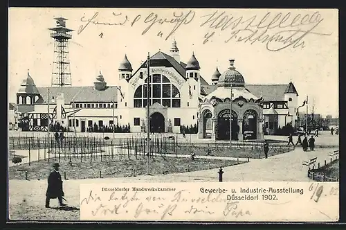 AK Düsseldorf, Gewerbe- und Industrieausstellung 1902, Düsseldorfer Handwerkskammer mit Turm und Vorplatz
