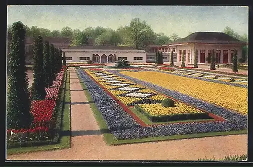 AK Dresden, Jubiläums-Gartenbau-Ausstellung 1926, grosse Schmuckanlage am Haupteingang