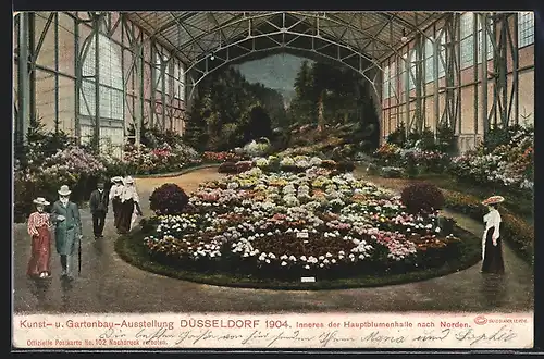AK Düsseldorf, Kunst und Gartenbau-Ausstellung 1904 - Inneres der Hauptblumenhalle nach Norden