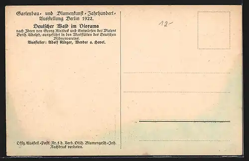 Künstler-AK Berlin, Gartenbau- und Blumenkunst-Jahrhundert-Ausstellung 1922, Deutscher Wald im Diorama