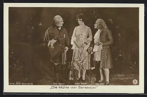 AK Schauspieler Otto Gebühr, Karl Götz und Schauspielerin Hanni Weisse in Die Mühle von Sanssouci, Filmszene