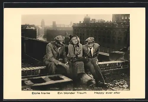AK Ein blonder Traum, Frau sitzt mit zwei Männern auf einem Dach, Filmszene
