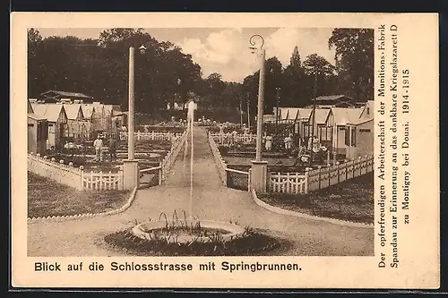 AK Montigny, Blick auf die Schlossstrasse mit Springbrunnen