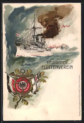 Lithographie Gruss des deutschen Flottenvereins, Kriegsschiff der kaiserlichen Marine mit Wappen