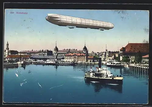 AK Konstanz, Hafen mit Zeppelin, Luftschiff