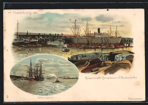 Lithographie Hamburg, Riesendampfer Pennsylvania im Baakenhafen, Segelschiffe bei den Elbbrücken