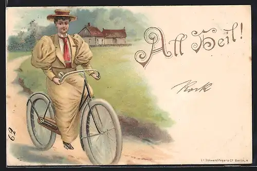 AK All Heil!, Junge Frau fährt Fahrrad