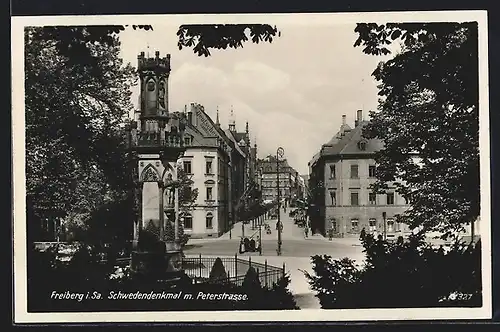 AK Freiberg / Sachsen, Schwedendenkmal m. Peterstrasse