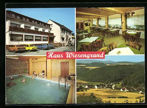 AK Hallenberg-Braunshausen, Hotel Haus Wiesengrund Familie Knecht, Innenansichten Gastraum und Schwimmbad