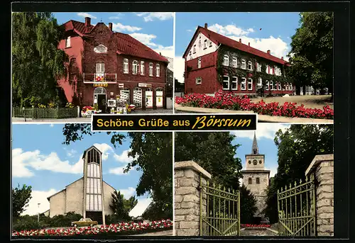 AK Börssum, Lebensmittelgeschäft Kurt Ohlhof, Kirche, Gebäudeansicht