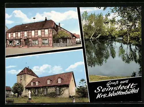 AK Seinstedt /Krs. Wolfenbüttel, Strassenpartie mit altem Haus, Kirche, See