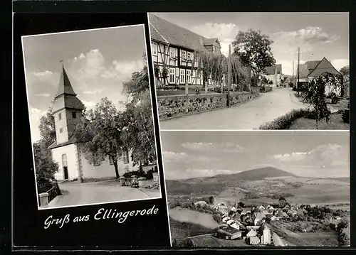 AK Ellingerode, Strassenpartie mit Kirche, Fachwerkshäuser, Ortsansicht