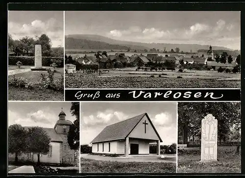 AK Varlosen, Kirche, Grabstein, Park mit Statue, Ortsansicht